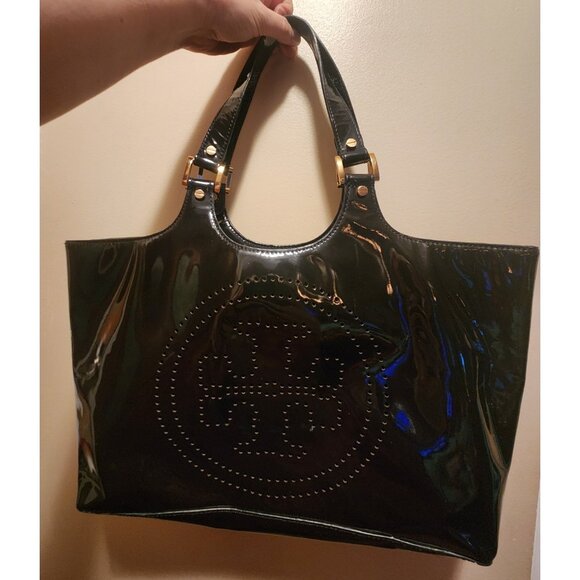 Tory Burch Bombe Tote Black Patent Leather Perforated Logo Shoulder Bag - Picture 1 of 10